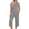 thumbnail image 1 of Cavosen 2 Piece Outfits for Women Lounge Sets with Pocket Button Up Pajamas Outfits Sets Capris Short Sleeve V-Neck Tops Nightwear Solid Homewear Comfy Sleepwear Fall Winter, 1 of 6