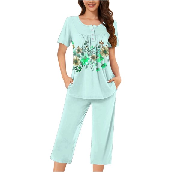 Cavosen 2 Piece Outfits for Women Pants Sets Button Front Pleated Soft Nightwear Short Sleeve Round Neck Pullover Shirts Capri Sleepwear Floral Print Loungewear with Pocket Green M