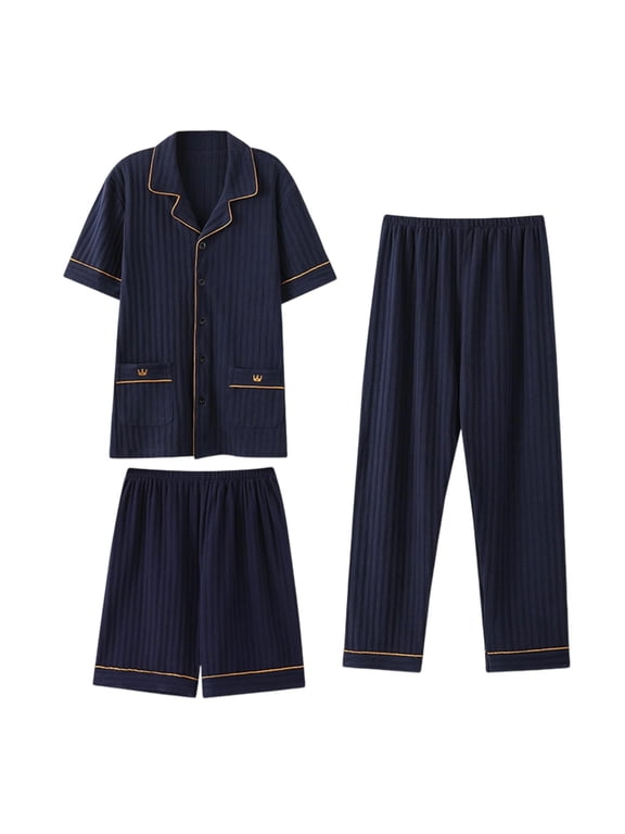 2 Piece Pajamas for Men Cotton Short Sleeve Shirt and Elastic Waist Pants Loose Breathable Sleepwear Lightweight Soft Loungewear