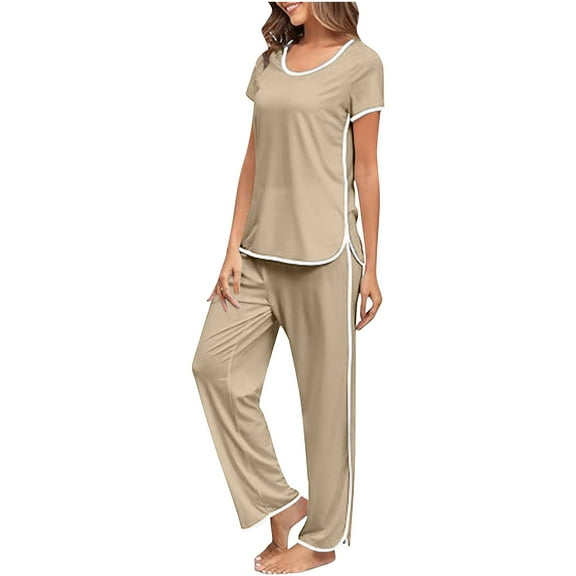 Cavosen 2 Piece Sets for Women Going out Pajamas Outfits Sets Long Pants Short Sleeve Sleepshirts Nightwear Side Split Solid Homewear Lightweight Soft Sleepwear Fall Winter Clothes