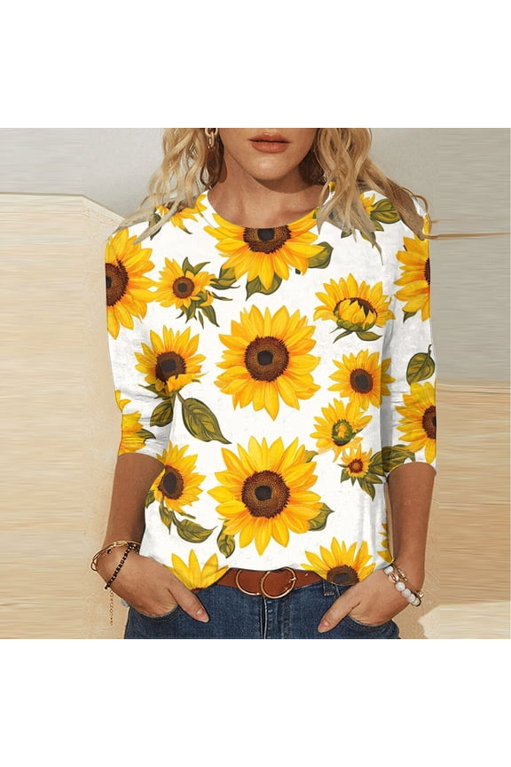 3/4 Length Sleeve Tops for Women Pullover Blouse Crewneck Sunflower Print Soft Tops Holiday T-Shirts Fashion Casual Shirts Athletic Beach Tees Summer Clothes White S
