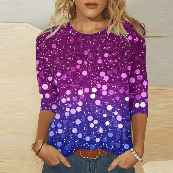 Cavosen 3/4 Length Sleeve Womens Tops Dressy Glitter Sparkly Print Pullover Shirts Round Neck Shiny Blouse Gradient Party Tshirts Stylish Casual Elegant Evening Tees Holiday XL