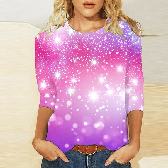 Cavosen 3/4 Length Sleeve Womens Tops Dressy Gradient Sparkle Glitter Shiny Print Blouse Round Neck Casual Shirts Fashion Pullover T-Shirts Flowy Workout Tees Summer Vacation M