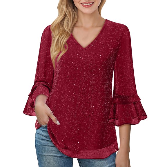 Cavosen 3/4 Sleeve Blouses for Women Sequin Glitter Concert Party Ruffle 3/4 Sleeve Dressy Tops Flowy Shirt Fall Clubwear Tops