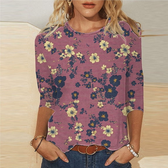 Cavosen 3/4 Sleeve Shirts for Women Crew Neck Floral Graphic Print Pullover Tops Casual Dressy Summer Blouse Vacation Trendy Tees Beach Resort T-Shirts Going out Plus Size 5XL
