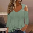 thumbnail image 1 of Cavosen 3/4 Sleeve T Shirts for Women V Neck Cold Shoulder Pullover Shirts Comfort Plain Blouse Dressy Flowy Loose Fit Tees Eyelet Ring Tops Novelty Lightweight Autumn Green L, 1 of 6