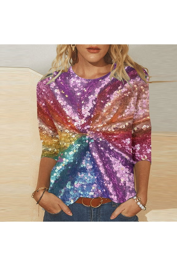 3/4 Sleeve Tops for Women Dressy Glitter Sparkly Print Pullover Blouse Round Neck Shiny Shirts Party Tees Trendy Casual Elegant Evening T-Shirts Holiday Spring XL
