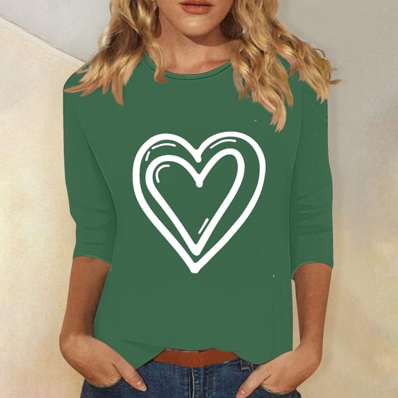 Cavosen 3/4 Sleeve Tops for Women Dressy Pullover T-Shirts Crewneck Heart Print Soft Blouse Vacation Shirts Baggy Trendy Loose Tops Workout Beach Tees Summer Clothes Green M
