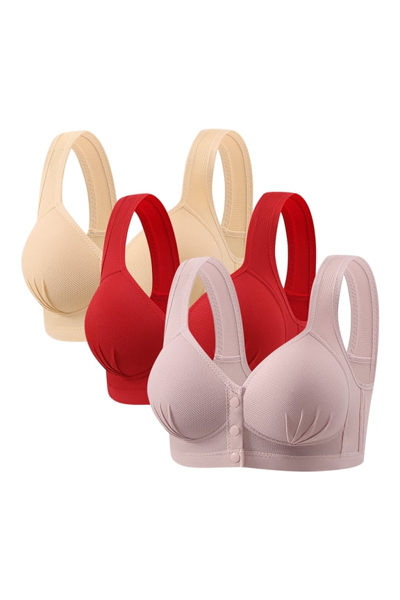 3 Pack Wireless Bras for Women Soft Front Closure Wide Back Sleep Bra Padded Push Up Mesh Everyday Bra