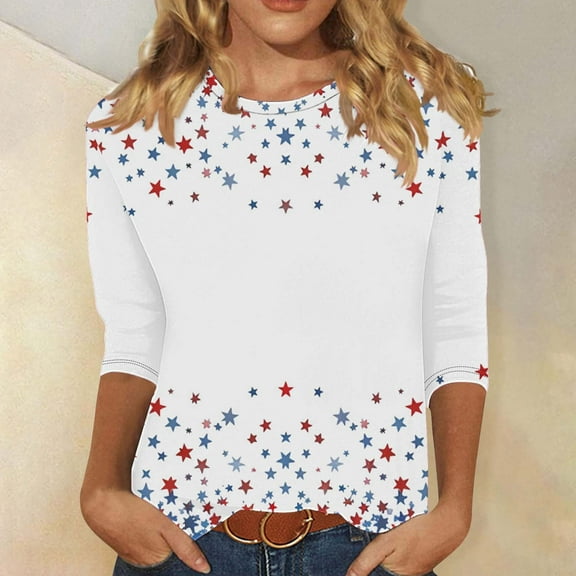 Cavosen 4th of July Clothes Women Petite 4th of July 3/4 Sleeve Crew Neck Tops USA Star Striped Print T Shirts Lady L Red White and Blue Casual Tops Funny Patriotic Tunic Tees 2025 Patriotic Clothes