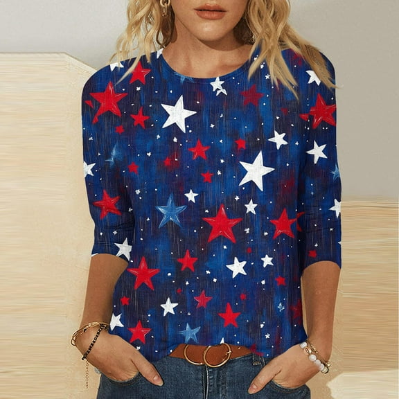 Cavosen 4th of July Clothes Women Petite Patriotic 3/4 Sleeve Crew Neck Tops American Flag Print T Shirts Lady S Independence Day Casual Tops Funny 4th of July Tunic Tees 2025 Patriotic Clothes