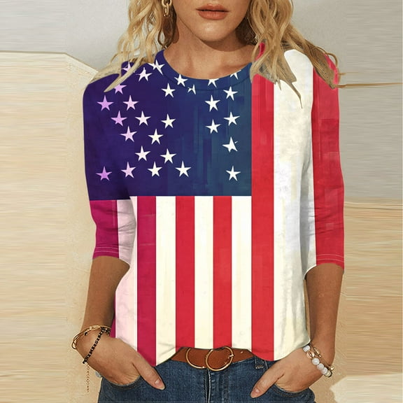Cavosen 4th of July Clothes Women Petite Patriotic 3/4 Sleeve Crew Neck Tops USA Star Striped Print T Shirts Lady XL Independence Day Casual Shirts Funny 4th of July Tunic Tees 2025 Patriotic Outfits