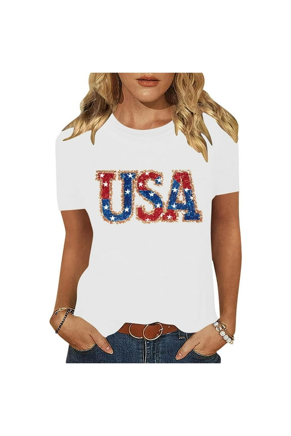 4th of July Clothes Women Petite Patriotic Short Sleeve Round Neck Shirts American Flag Print Shirts Lady M Independence Day Casual Tops Funny 4th of July Tunic Tees 2025 Patriotic Blouses