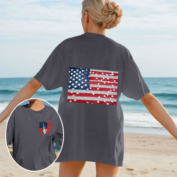 Cavosen 4th of July Clothes Women Petite Patriotic Short Sleeve Round Neck Shirts American Flag Print Shirts Lady XL Independence Day Casual Tops Funny 4th of July Tunic Tees 2025 Patriotic Blouses