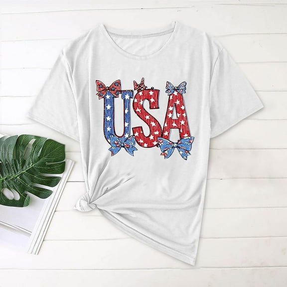 Cavosen 4th of July Clothes Women Petite Red White and Blue Short Sleeve Crew Neck Shirts American Flag Graphic Tops Lady M Patriotic Casual T Shirts Independence Day Tunic Tees Patriotic Outfits