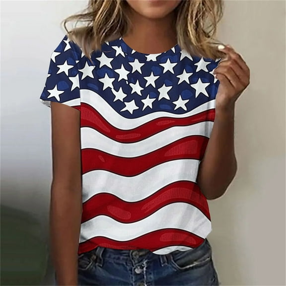 Cavosen 4th of July Clothes Women Petite Red White and Blue Short Sleeve Crew Neck T Shirts USA Star Striped Graphic Shirts Lady L Patriotic Casual Shirts Independence Day Tunic Tees
