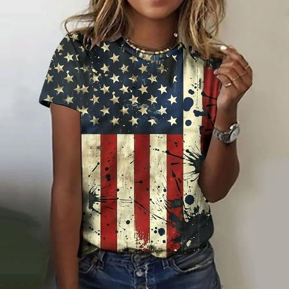 Cavosen 4th of July Clothes Women Petite Red White and Blue Short Sleeve Crewneck T Shirts USA Star Striped Graphic Tops Lady XL Patriotic Casual T Shirts Independence Day Tunic Tees