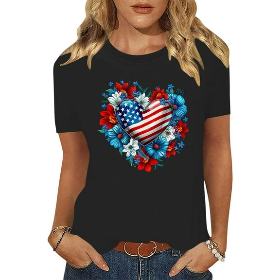 Cavosen 4th of July Clothes Women Petite Red White and Blue Short Sleeve Round Neck T Shirts USA Star Striped Graphic Tops Lady L Patriotic Casual T Shirts Independence Day Tunic Tees
