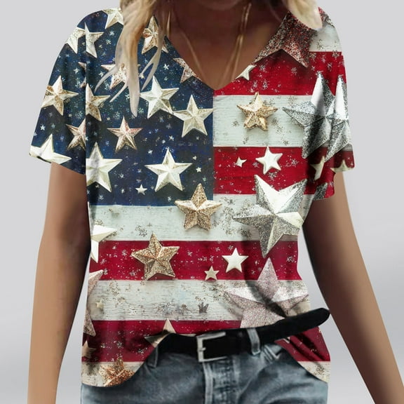 Cavosen 4th of July Clothes Women Petite Red White and Blue Short Sleeve V Neck T Shirts American Flag Graphic Tops Lady S Patriotic Casual T Shirts Independence Day Tunic Tees Patriotic Blouses