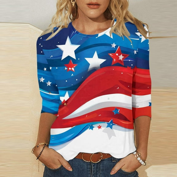 Cavosen 4th of July Clothes Women Plus Size Patriotic 3/4 Sleeve Crew Neck Tops American Flag Print T Shirts Lady 4X Independence Day Casual Tops Funny 4th of July Tunic Tees 2025 Patriotic Clothes