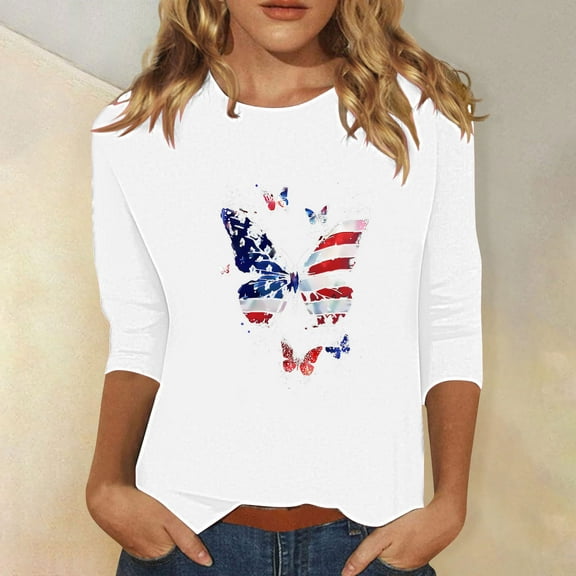 Cavosen 4th of July Clothes Women Plus Size Patriotic 3/4 Sleeve Round Neck Shirts USA Star Striped Print Shirts Lady 4X Independence Day Casual Tops 4th of July Tunic Tees 2025 Patriotic Blouses