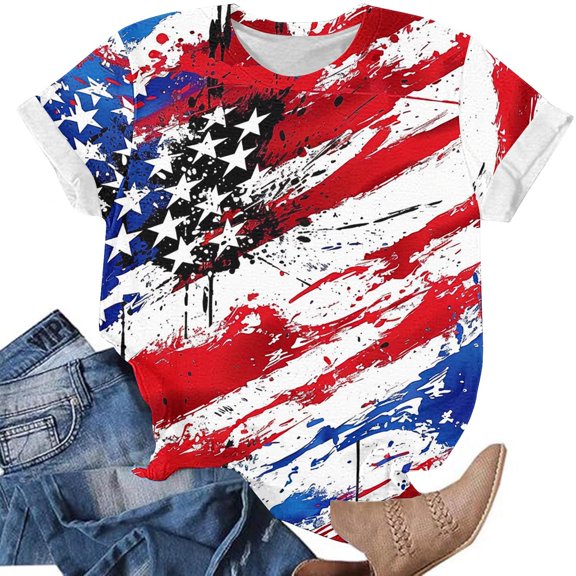 Cavosen 4th of July Clothes Women Plus Size Patriotic Short Sleeve Crewneck Tops American Flag Print T Shirts Lady 2X Independence Day Casual Shirts 4th of July Tunic Tees 2025 Patriotic Outfits