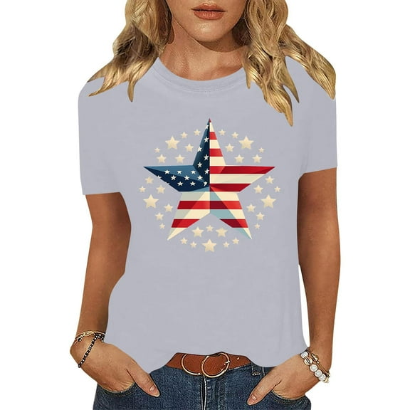 Cavosen 4th of July Shirts for Women Petite 4th of July Short Sleeve Round Neck Shirts USA Star Striped Print Shirts Lady M Red White and Blue Casual Tops Patriotic Tunic Tees Patriotic Blouses