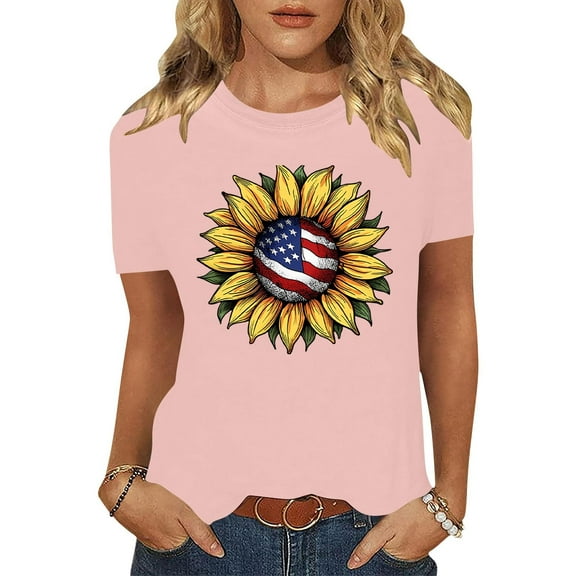 Cavosen 4th of July Shirts for Women Petite 4th of July Short Sleeve Round Neck Shirts USA Star Striped Print Shirts Lady M Red White and Blue Casual Tops Patriotic Tunic Tees Patriotic Blouses