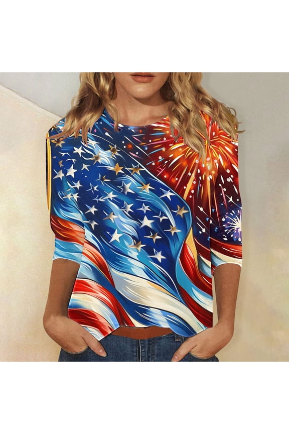 4th of July Shirts for Women Petite Independence Day 3/4 Sleeve Crewneck Shirts American Flag Graphic Tops Lady XL 4th of July Casual T Shirts Red White and Blue Tunic Tees Patriotic Outfits