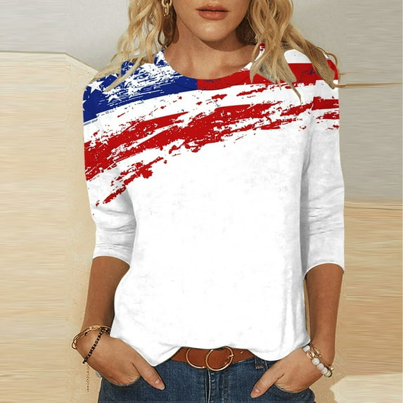 Cavosen 4th of July Shirts for Women Petite Patriotic 3/4 Sleeve Round Neck Tops American Flag Print T Shirts Lady XL Independence Day Casual Tops Funny 4th of July Tunic Tees 2025 Patriotic Clothes