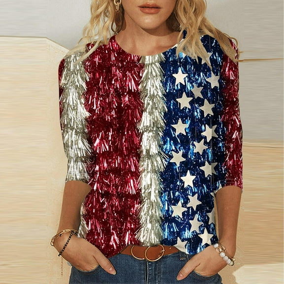 Cavosen 4th of July Shirts for Women Petite Patriotic 3/4 Sleeve Round Neck Tops USA Star Striped Print T Shirts Lady XL Independence Day Casual Tops 4th of July Tunic Tees 2025 Patriotic Clothes