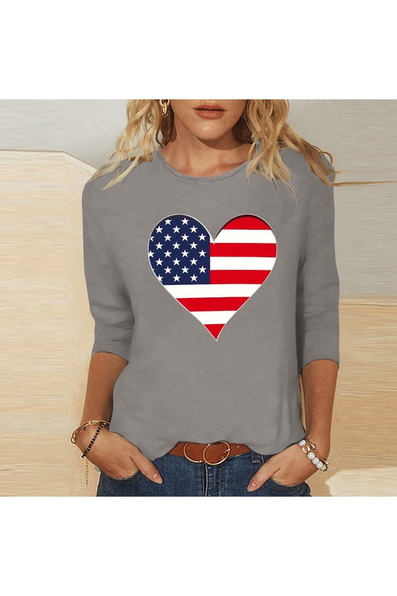 4th of July Shirts for Women Plus Size 4th of July 3/4 Sleeve Crew Neck Tops USA Flag Print T Shirts Lady 2X Red White and Blue Casual Shirts Funny Patriotic Tunic Tees 2025 Patriotic Outfits