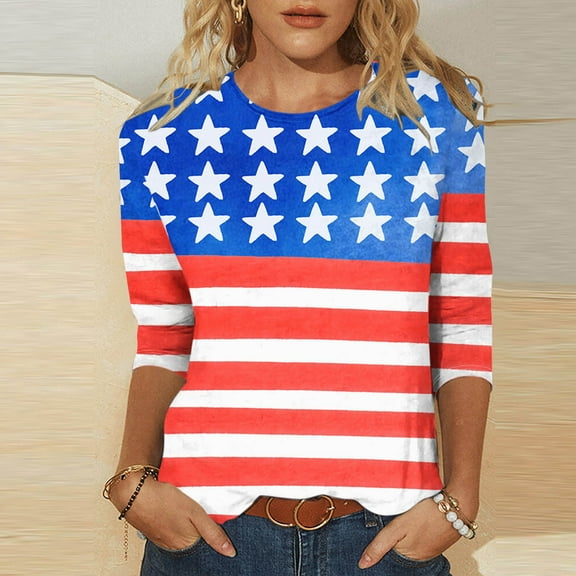 Cavosen 4th of July Shirts for Women Plus Size Red White and Blue 3/4 Sleeve Crew Neck T Shirts USA Flag Graphic Tops Lady 5X Patriotic Casual T Shirts Independence Day Tunic Tees Patriotic Blouses