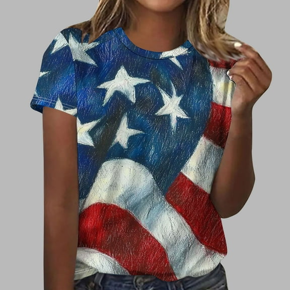 Cavosen 4th of July Shirts for Women Plus Size Red White and Blue Short Sleeve Round Neck T Shirts USA Star Striped Graphic Tops Lady 2X Patriotic Casual T Shirts Independence Day Tunic Tees