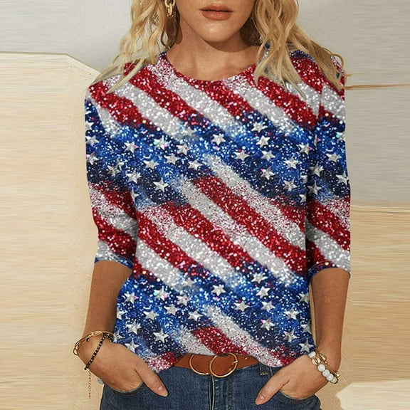 Cavosen 4th of July T Shirts Women Petite 4th of July 3/4 Sleeve Round Neck Shirts USA Flag Print Shirts Lady M Red White and Blue Casual Tops Funny Patriotic Tunic Tees 2025 Summer Patriotic Blouses