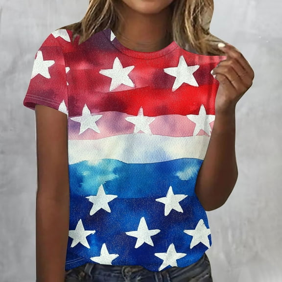 Cavosen 4th of July T Shirts Women Petite 4th of July Short Sleeve Crew Neck Tops USA Star Striped Print T Shirts Lady L Red White and Blue Casual Shirts Patriotic Tunic Tees 2025 Patriotic Outfits