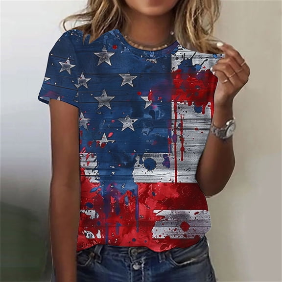 Cavosen 4th of July T Shirts Women Petite 4th of July Short Sleeve Round Neck Shirts American Flag Print Shirts Lady L Red White and Blue Casual Tops Funny Patriotic Tunic Tees 2025 Patriotic Blouses