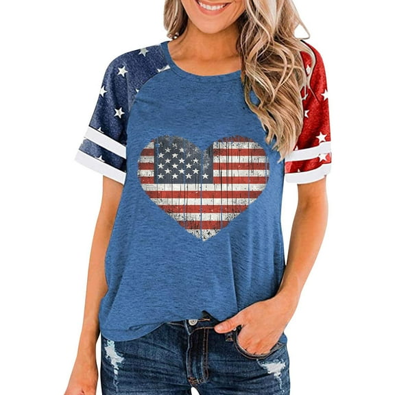 Cavosen 4th of July T Shirts Women Petite 4th of July Short Sleeve Round Neck Shirts American Flag Print Shirts Lady XL Red White and Blue Casual Tops Patriotic Tunic Tees 2025 Patriotic Blouses