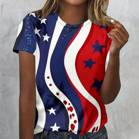 Cavosen 4th of July T Shirts Women Petite 4th of July Short Sleeve Round Neck Tops USA Star Striped Print T Shirts Lady XL Red White and Blue Casual Tops Patriotic Tunic Tees 2025 Patriotic Clothes