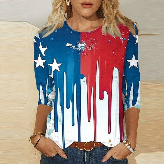 Cavosen 4th of July T Shirts Women Petite Patriotic 3/4 Sleeve Crewneck Tops American Flag Print T Shirts Lady XL Independence Day Casual Shirts Funny 4th of July Tunic Tees 2025 Patriotic Outfits