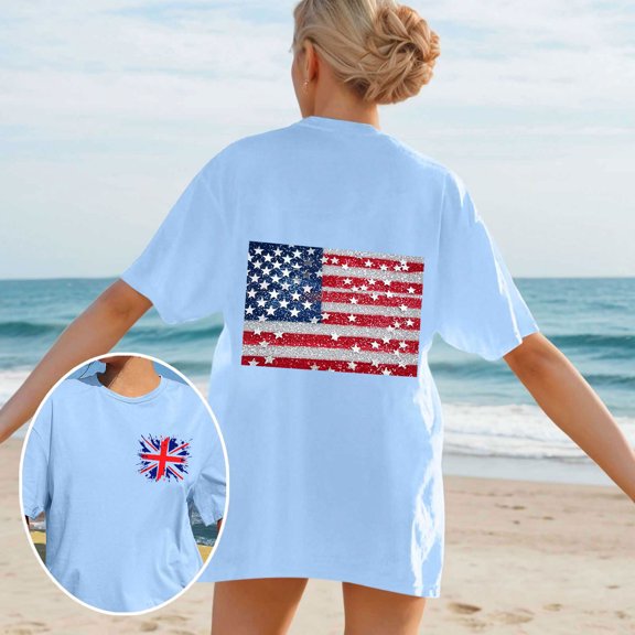 Cavosen 4th of July T Shirts Women Petite Patriotic Short Sleeve Round Neck Shirts American Flag Print Shirts Lady XL Independence Day Casual Tops Funny 4th of July Tunic Tees 2025 Patriotic Blouses