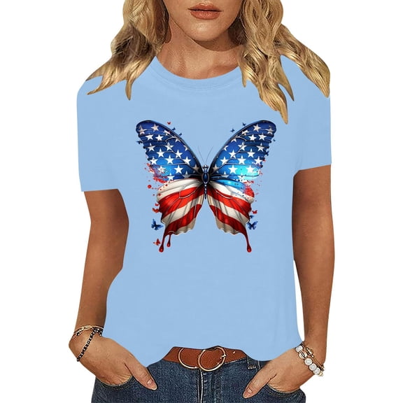 Cavosen 4th of July T Shirts Women Petite Patriotic Short Sleeve Round Neck Shirts USA Star Striped Print Shirts Lady M Independence Day Casual Tops 4th of July Tunic Tees 2025 Patriotic Blouses