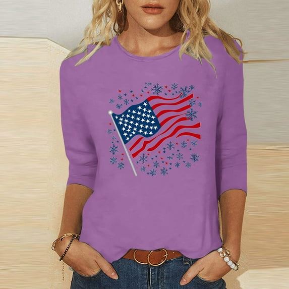 Cavosen 4th of July T Shirts Women Petite Red White and Blue 3/4 Sleeve Crewneck T Shirts American Flag Graphic Tops Lady XL Patriotic Casual T Shirts Independence Day Tunic Tees Patriotic Blouses