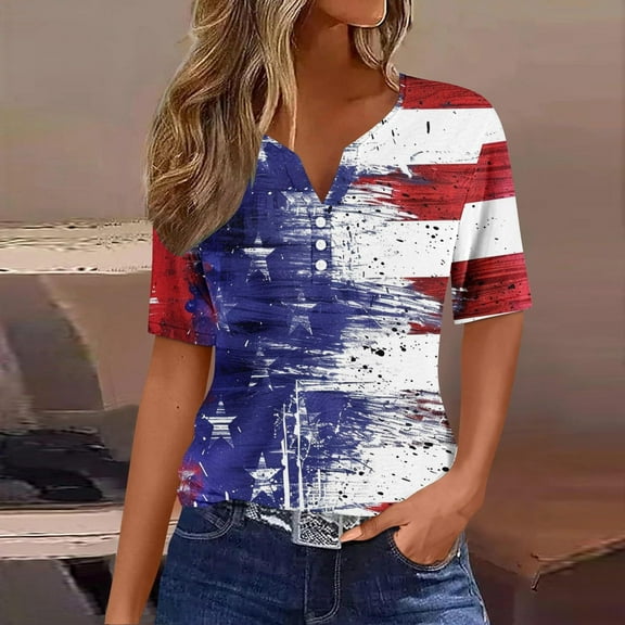 Cavosen 4th of July T Shirts Women Petite Red White and Blue 3/4 Sleeve V Neck T Shirts American Flag Graphic Shirts Lady XL Patriotic Casual Shirts Independence Day Tunic Tees Patriotic Clothes