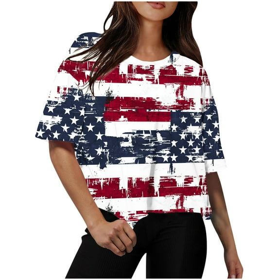 Cavosen 4th of July T Shirts Women Plus Size Independence Day Short Sleeve Round Neck T Shirts USA Flag Graphic Tops Lady 3X 4th of July Casual T Shirts Red White and Blue Tunic Tees