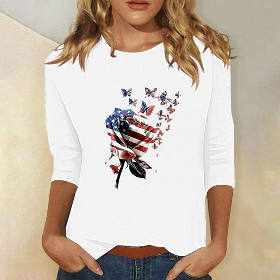Cavosen 4th of July T Shirts Women Plus Size Patriotic 3/4 Sleeve Crew Neck Tops American Flag Print T Shirts Lady 4X Independence Day Casual Tops Funny 4th of July Tunic Tees 2025 Patriotic Clothes