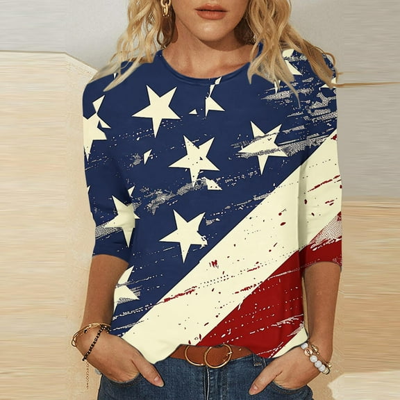 Cavosen 4th of July T Shirts Women Plus Size Patriotic 3/4 Sleeve Crewneck Tops USA Star Striped Print T Shirts Lady 2X Independence Day Casual Shirts 4th of July Tunic Tees 2025 Patriotic Outfits