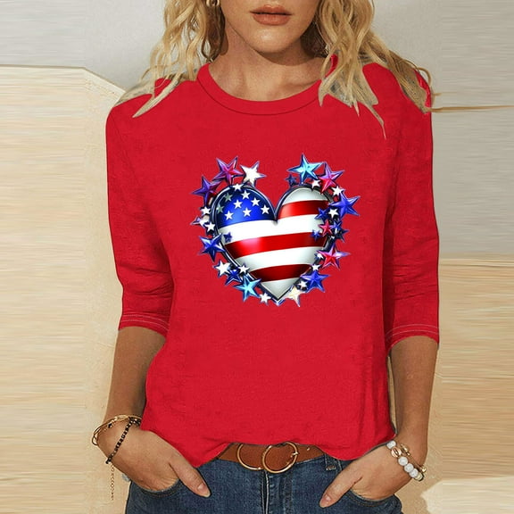 Cavosen 4th of July Tops for Women Petite 4th of July 3/4 Sleeve Crew Neck Tops American Flag Print T Shirts Lady M Red White and Blue Casual Shirts Funny Patriotic Tunic Tees 2025 Patriotic Outfits