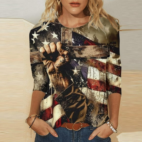 Cavosen 4th of July Tops for Women Petite 4th of July 3/4 Sleeve Round Neck Shirts USA Star Striped Print Shirts Lady M Red White and Blue Casual Tops Patriotic Tunic Tees 2025 Patriotic Blouses