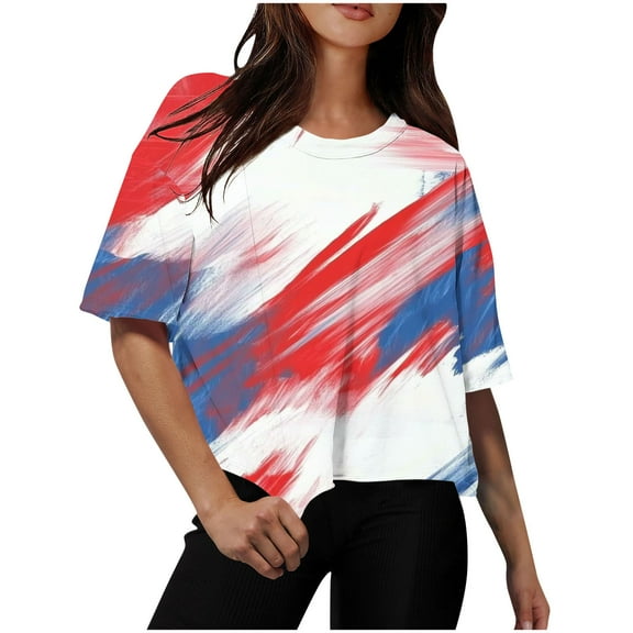 Cavosen 4th of July Tops for Women Petite 4th of July Short Sleeve Round Neck Shirts American Flag Print Shirts Lady XL Red White and Blue Casual Tops Patriotic Tunic Tees 2025 Patriotic Blouses